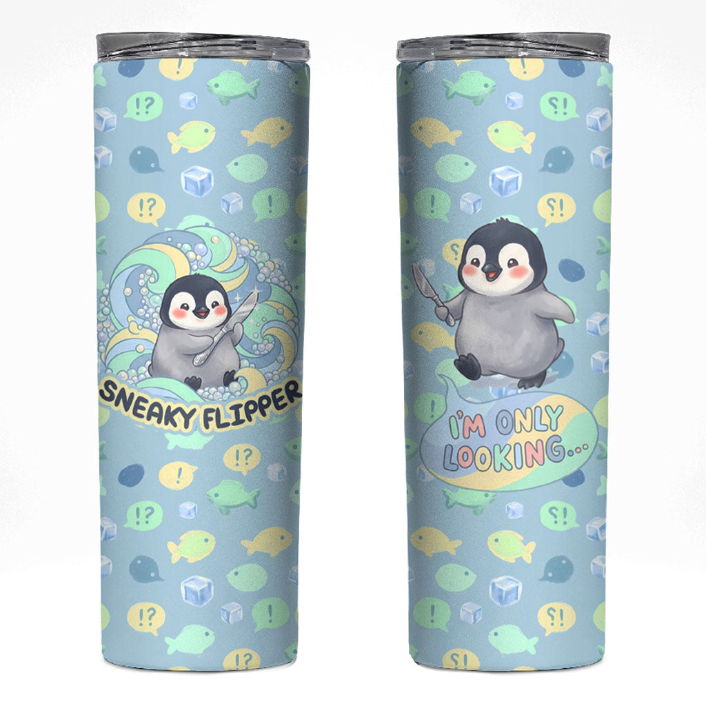 Sneaky Flipper Cute Penguin Holding Knife Skinny Tumbler Funny Chibi Penguin Graphic With Ice And Fish Pattern
