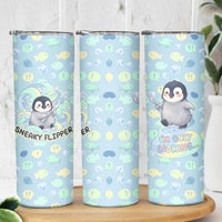 Sneaky Flipper Cute Penguin Holding Knife Skinny Tumbler Funny Chibi Penguin Graphic With Ice And Fish Pattern