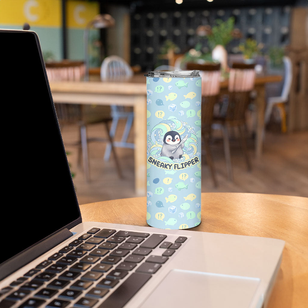 Sneaky Flipper Cute Penguin Holding Knife Skinny Tumbler Funny Chibi Penguin Graphic With Ice And Fish Pattern