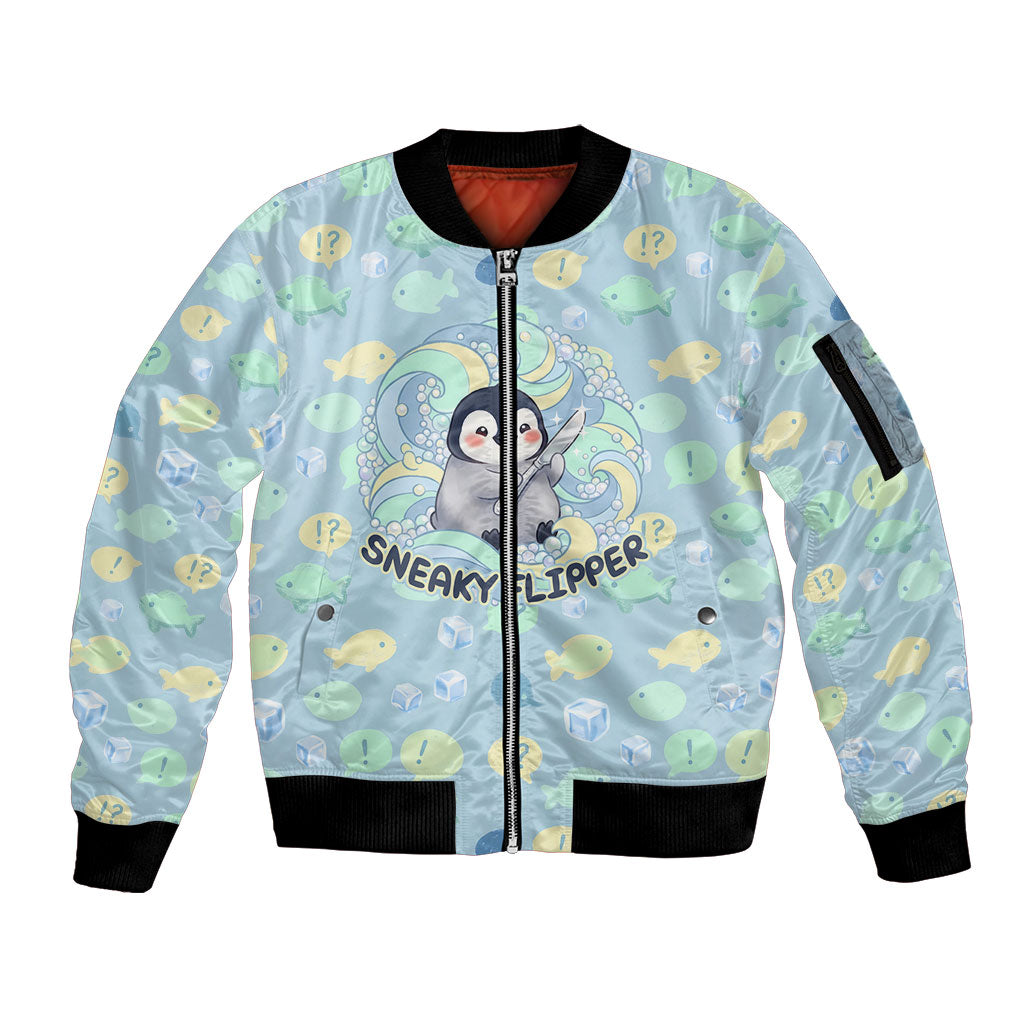 Sneaky Flipper Cute Penguin Holding Knife Sleeve Zip Bomber Jacket Funny Chibi Penguin Graphic With Ice And Fish Pattern