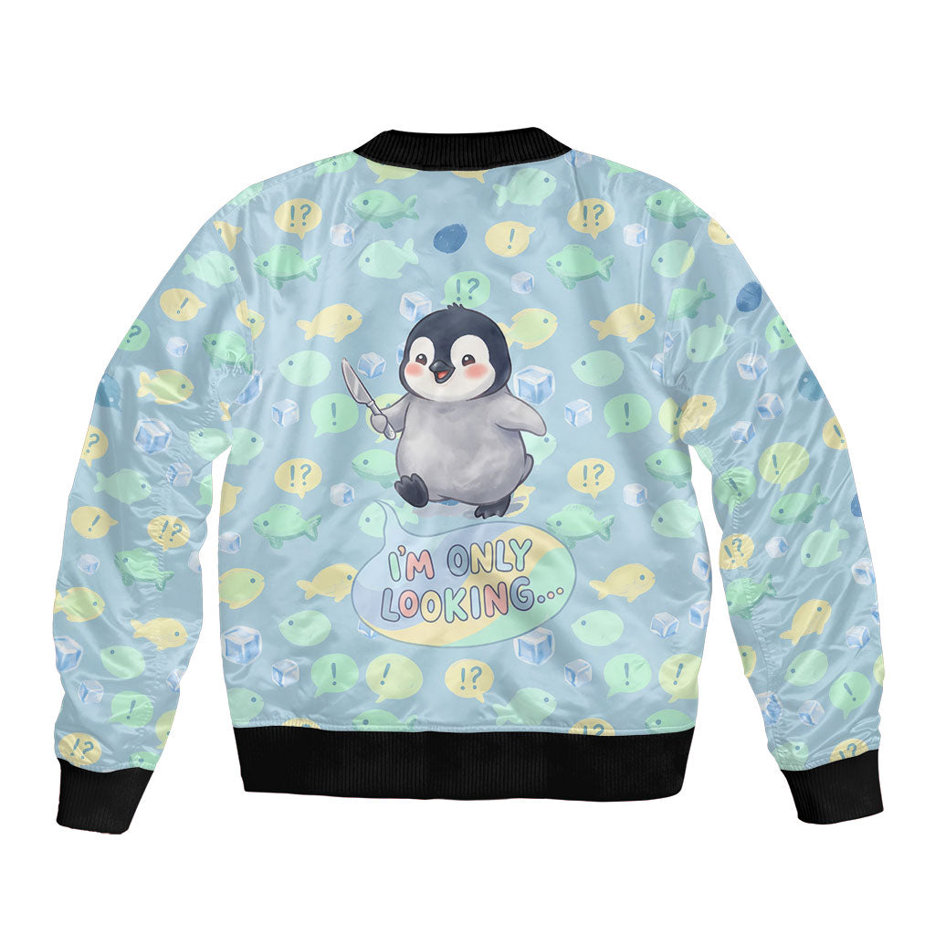 Sneaky Flipper Cute Penguin Holding Knife Sleeve Zip Bomber Jacket Funny Chibi Penguin Graphic With Ice And Fish Pattern