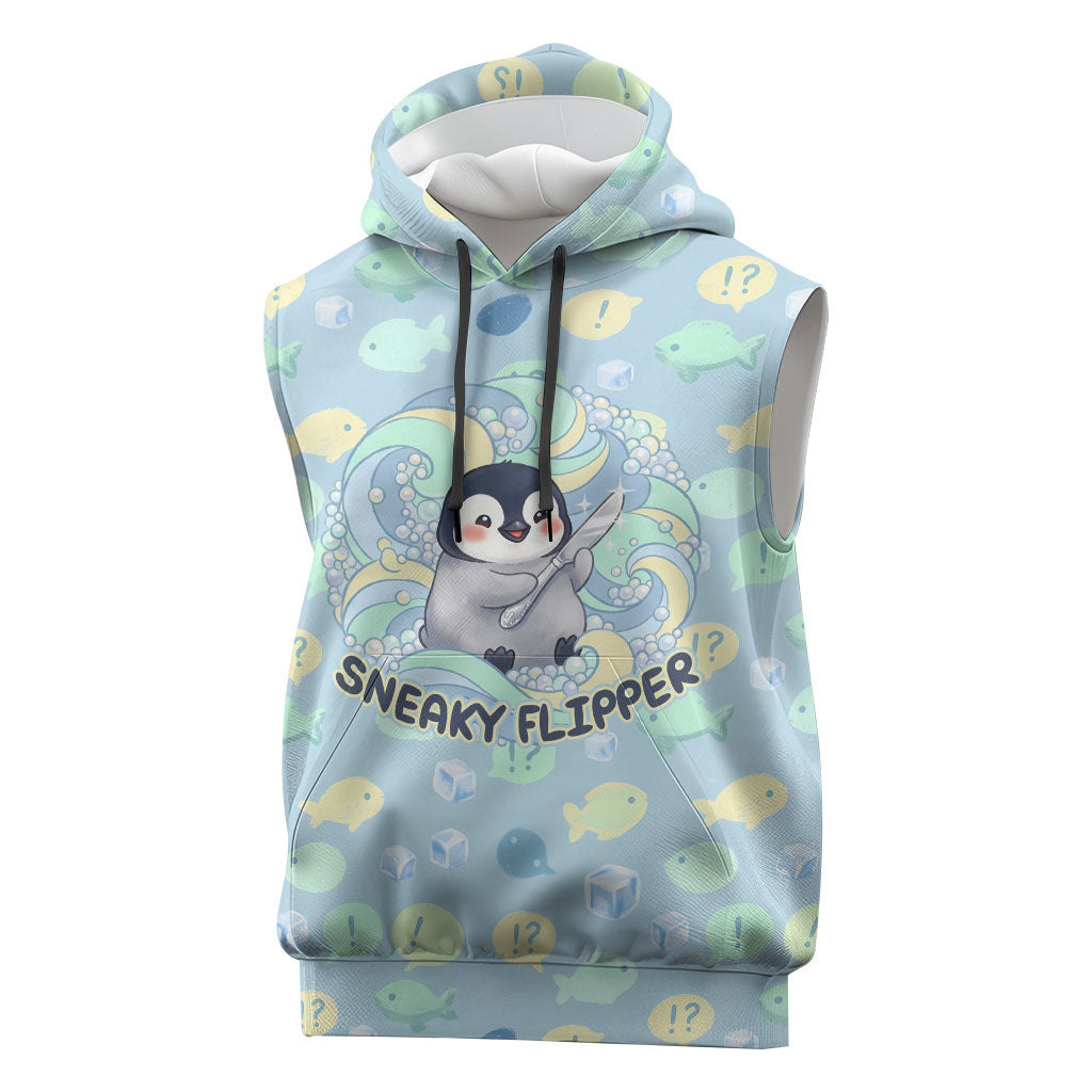 Sneaky Flipper Cute Penguin Holding Knife Sleeveless Hoodie Funny Chibi Penguin Graphic With Ice And Fish Pattern