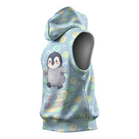 Sneaky Flipper Cute Penguin Holding Knife Sleeveless Hoodie Funny Chibi Penguin Graphic With Ice And Fish Pattern