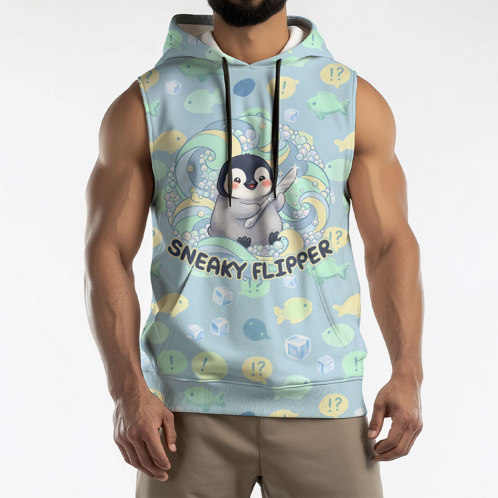 Sneaky Flipper Cute Penguin Holding Knife Sleeveless Hoodie Funny Chibi Penguin Graphic With Ice And Fish Pattern