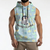 Sneaky Flipper Cute Penguin Holding Knife Sleeveless Hoodie Funny Chibi Penguin Graphic With Ice And Fish Pattern