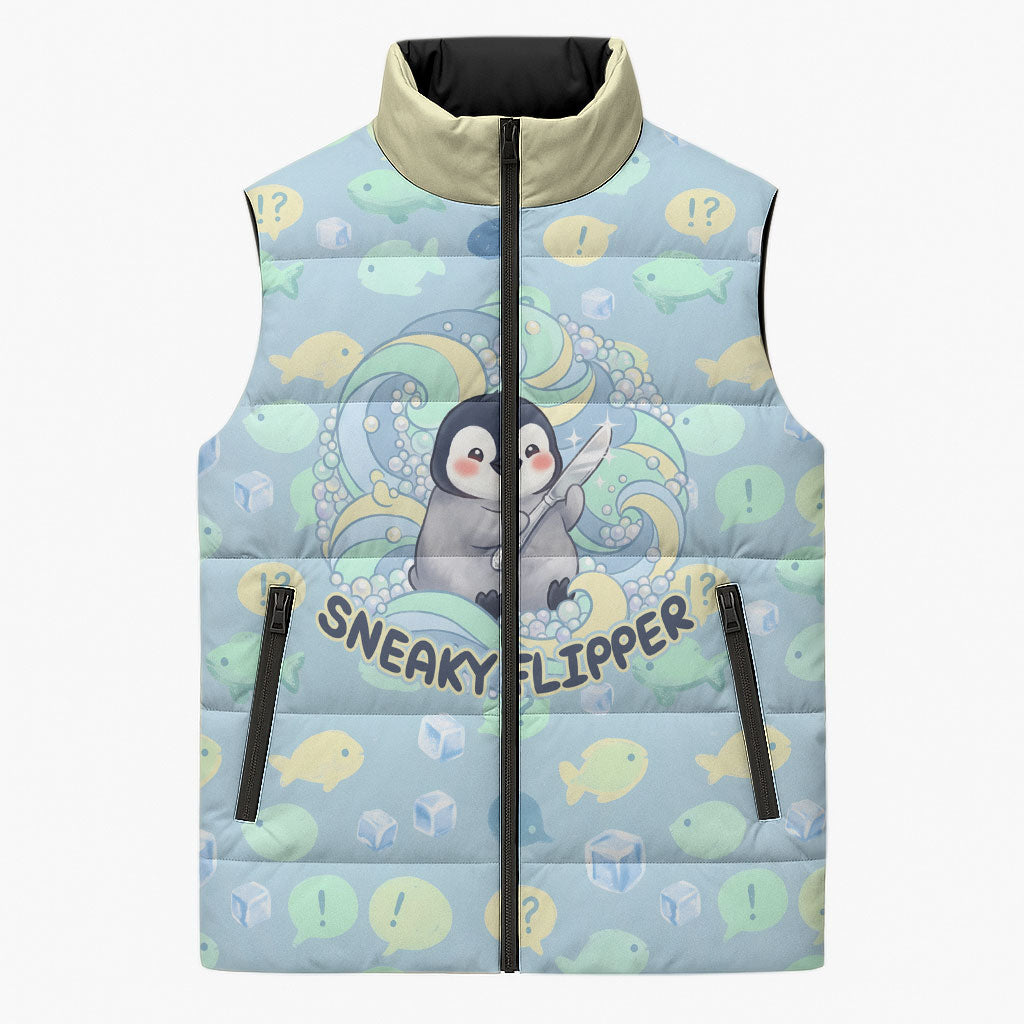 Sneaky Flipper Cute Penguin Holding Knife Sleeveless Puffer Jacket Funny Chibi Penguin Graphic With Ice And Fish Pattern