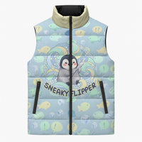 Sneaky Flipper Cute Penguin Holding Knife Sleeveless Puffer Jacket Funny Chibi Penguin Graphic With Ice And Fish Pattern