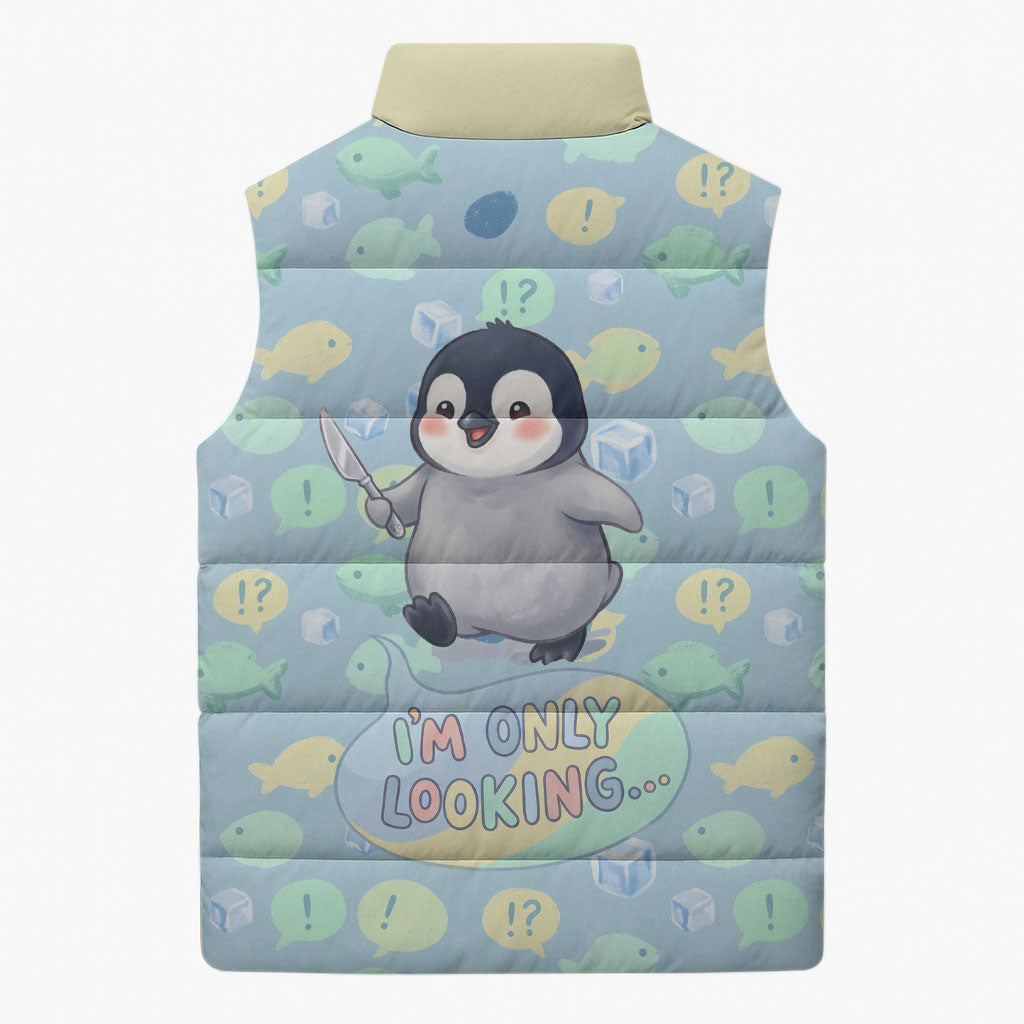 Sneaky Flipper Cute Penguin Holding Knife Sleeveless Puffer Jacket Funny Chibi Penguin Graphic With Ice And Fish Pattern