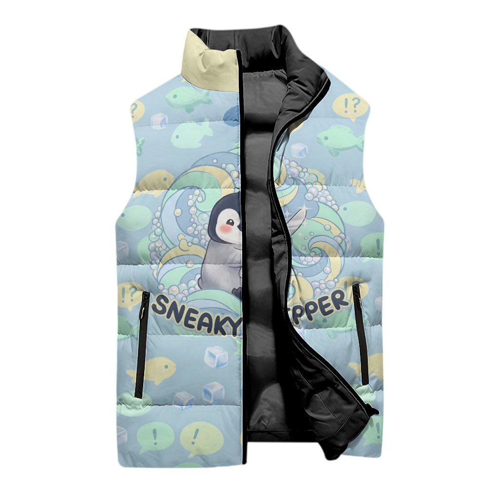 Sneaky Flipper Cute Penguin Holding Knife Sleeveless Puffer Jacket Funny Chibi Penguin Graphic With Ice And Fish Pattern