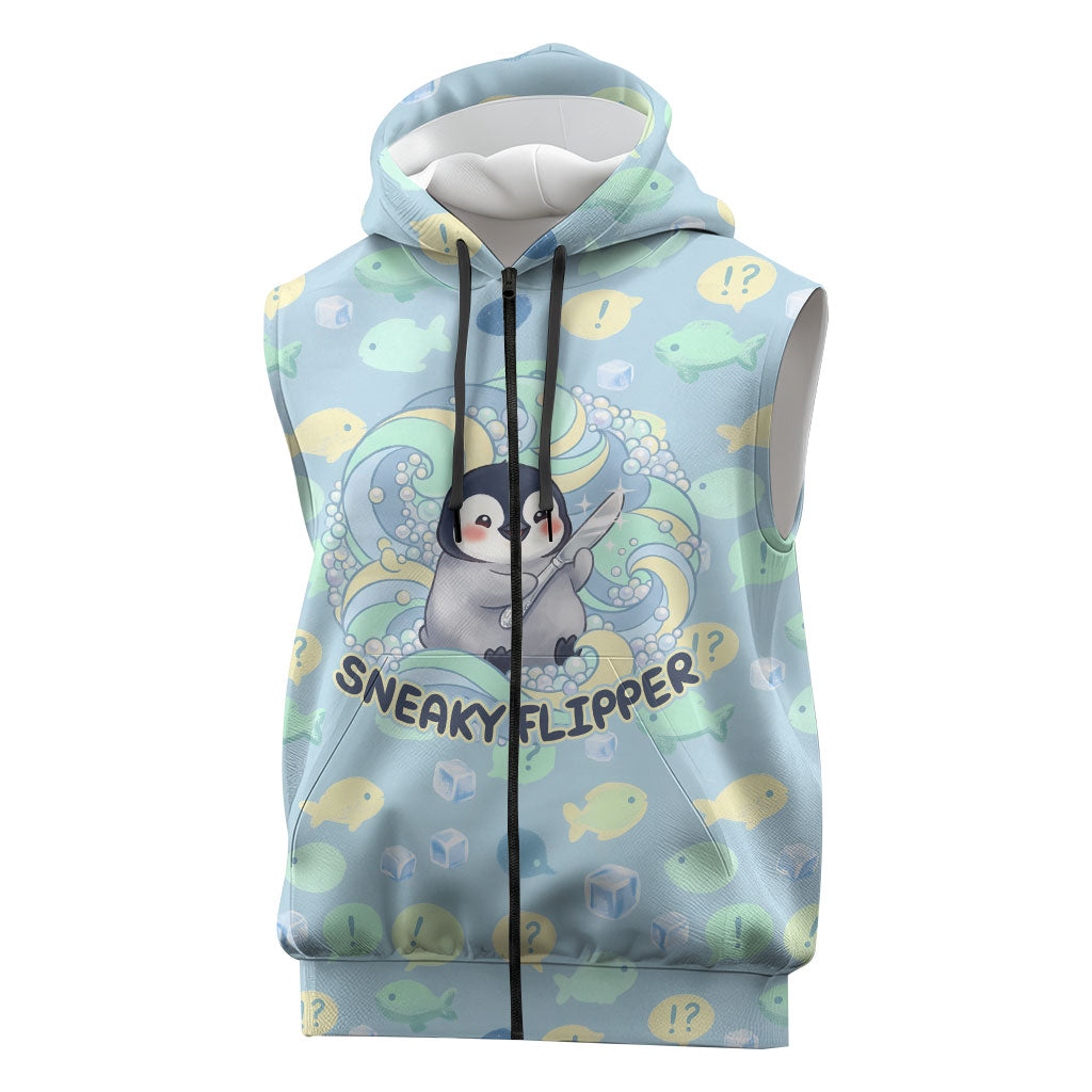 Sneaky Flipper Cute Penguin Holding Knife Sleeveless Zip Hoodie Funny Chibi Penguin Graphic With Ice And Fish Pattern