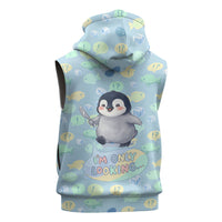 Sneaky Flipper Cute Penguin Holding Knife Sleeveless Zip Hoodie Funny Chibi Penguin Graphic With Ice And Fish Pattern