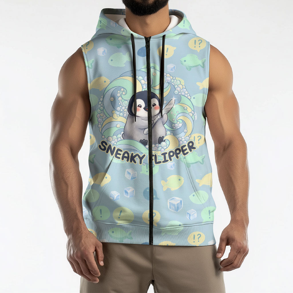 Sneaky Flipper Cute Penguin Holding Knife Sleeveless Zip Hoodie Funny Chibi Penguin Graphic With Ice And Fish Pattern