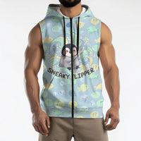 Sneaky Flipper Cute Penguin Holding Knife Sleeveless Zip Hoodie Funny Chibi Penguin Graphic With Ice And Fish Pattern