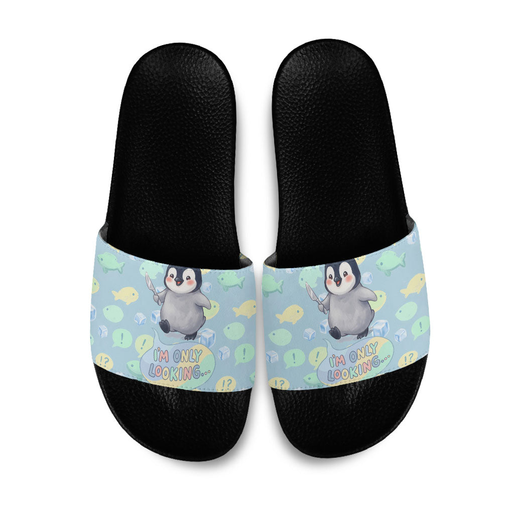 Sneaky Flipper Cute Penguin Holding Knife Slide Sandals Funny Chibi Penguin Graphic With Ice And Fish Pattern