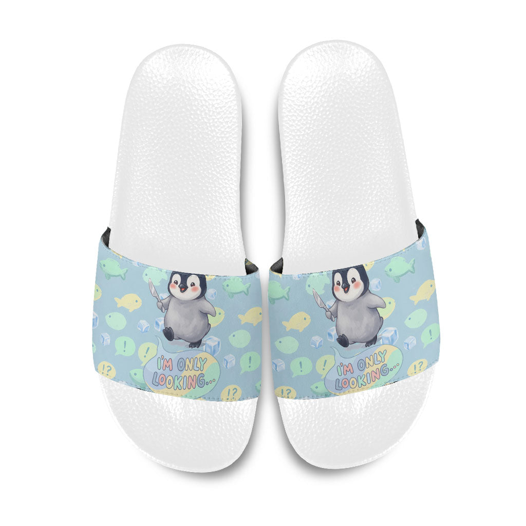 Sneaky Flipper Cute Penguin Holding Knife Slide Sandals Funny Chibi Penguin Graphic With Ice And Fish Pattern