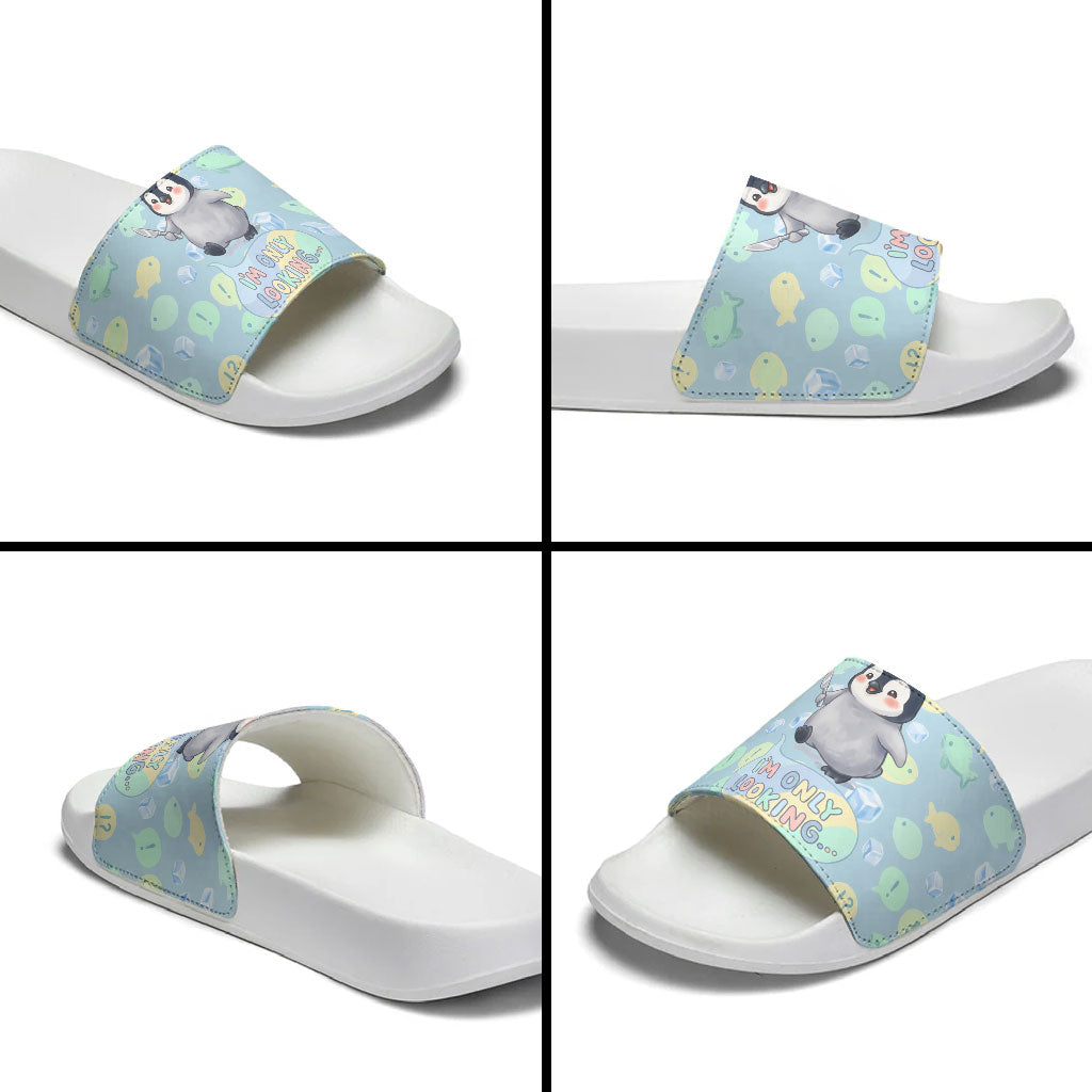 Sneaky Flipper Cute Penguin Holding Knife Slide Sandals Funny Chibi Penguin Graphic With Ice And Fish Pattern