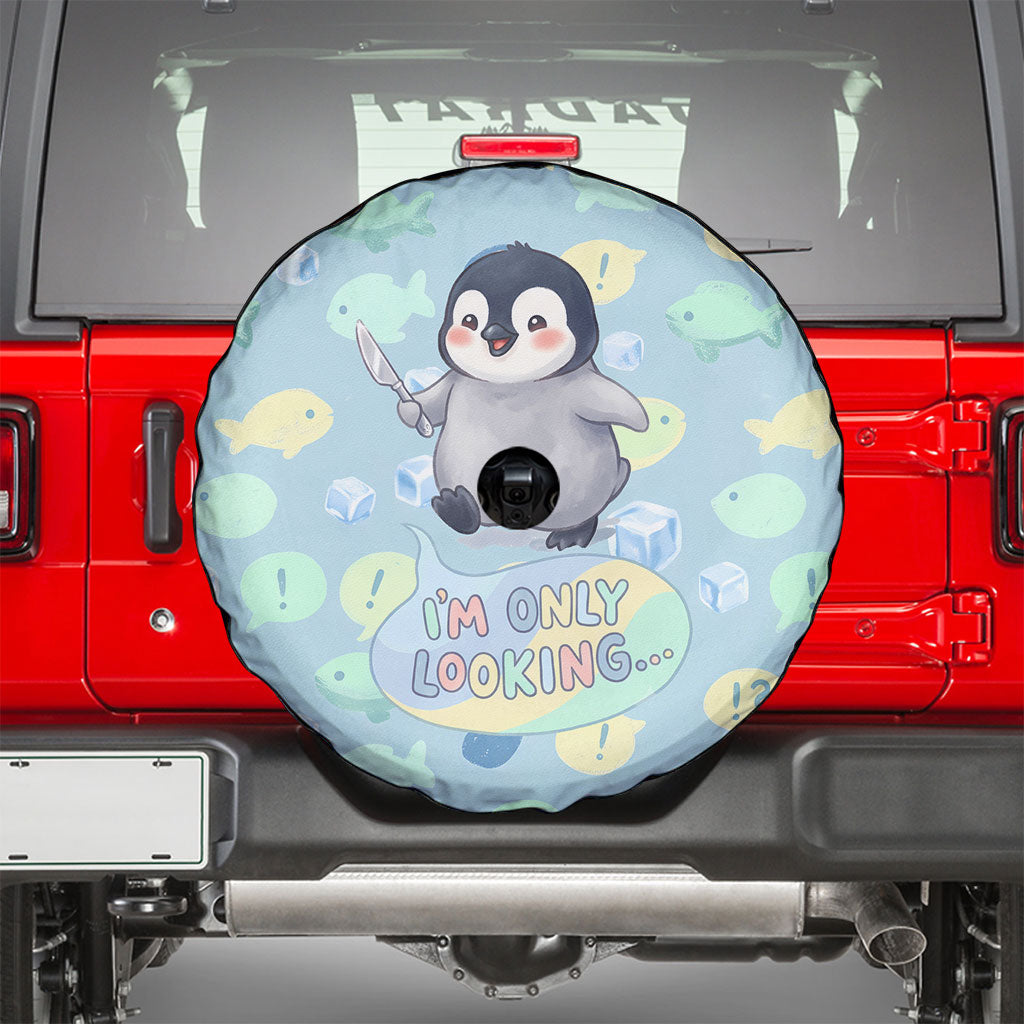 Sneaky Flipper Cute Penguin Holding Knife Spare Tire Cover Funny Chibi Penguin Graphic With Ice And Fish Pattern