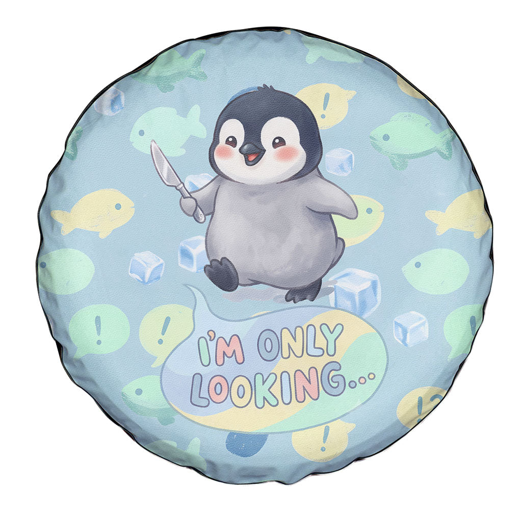 Sneaky Flipper Cute Penguin Holding Knife Spare Tire Cover Funny Chibi Penguin Graphic With Ice And Fish Pattern