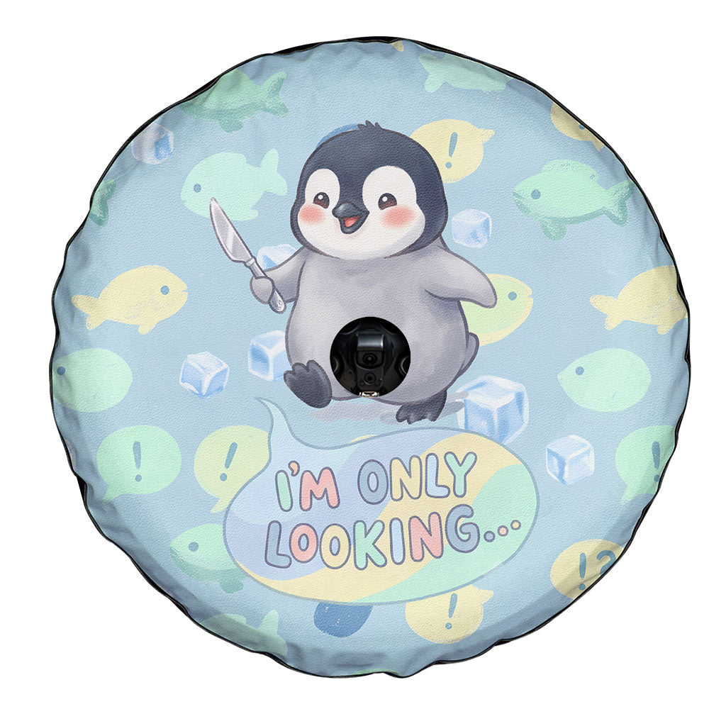 Sneaky Flipper Cute Penguin Holding Knife Spare Tire Cover Funny Chibi Penguin Graphic With Ice And Fish Pattern
