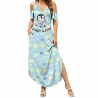 Sneaky Flipper Cute Penguin Holding Knife Summer Maxi Dress Funny Chibi Penguin Graphic With Ice And Fish Pattern