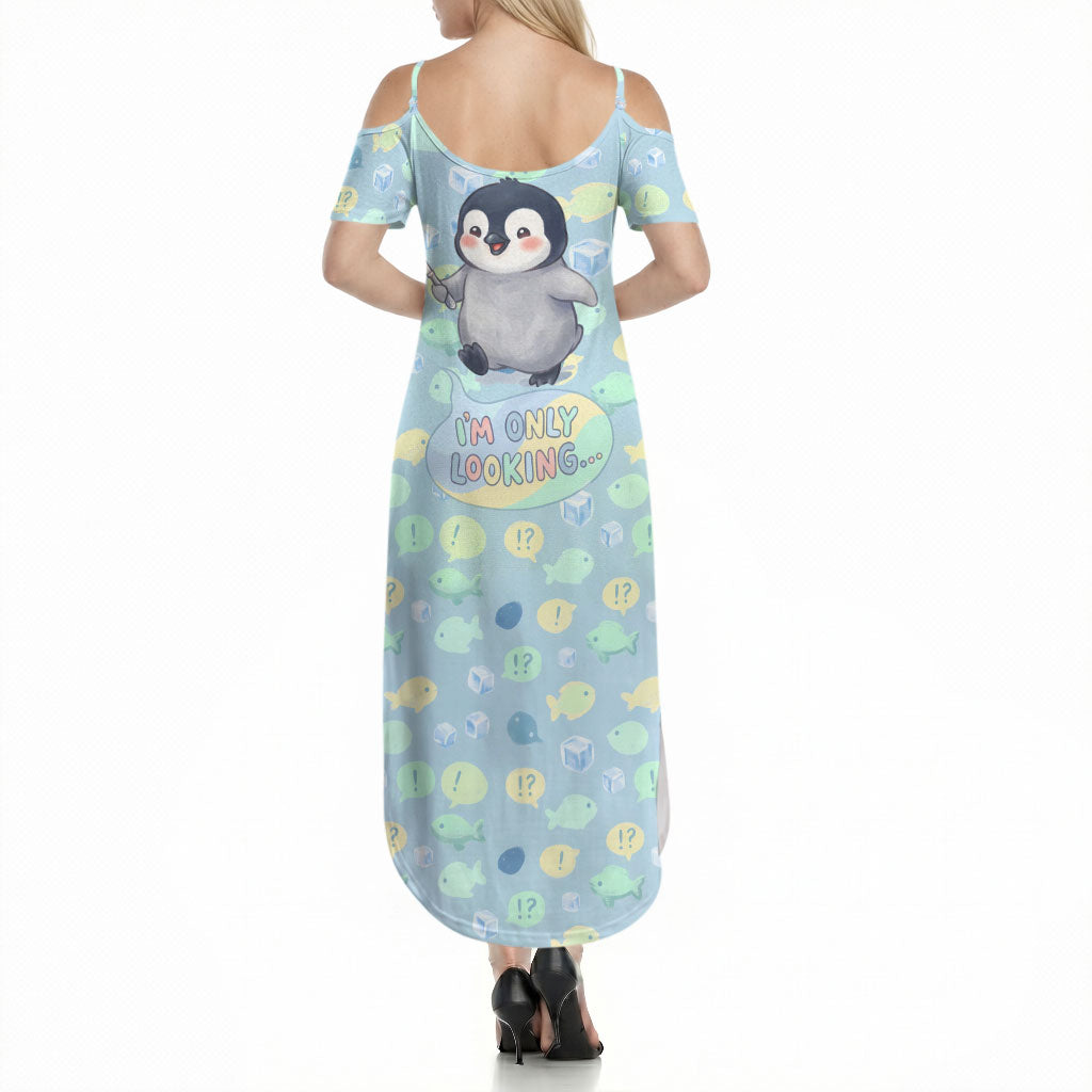 Sneaky Flipper Cute Penguin Holding Knife Summer Maxi Dress Funny Chibi Penguin Graphic With Ice And Fish Pattern