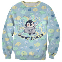 Sneaky Flipper Cute Penguin Holding Knife Sweatshirt Funny Chibi Penguin Graphic With Ice And Fish Pattern