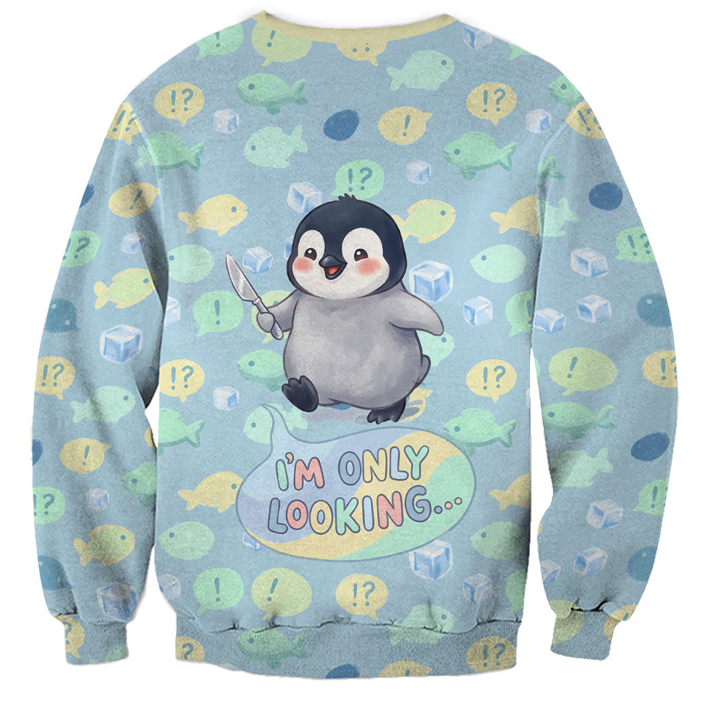 Sneaky Flipper Cute Penguin Holding Knife Sweatshirt Funny Chibi Penguin Graphic With Ice And Fish Pattern