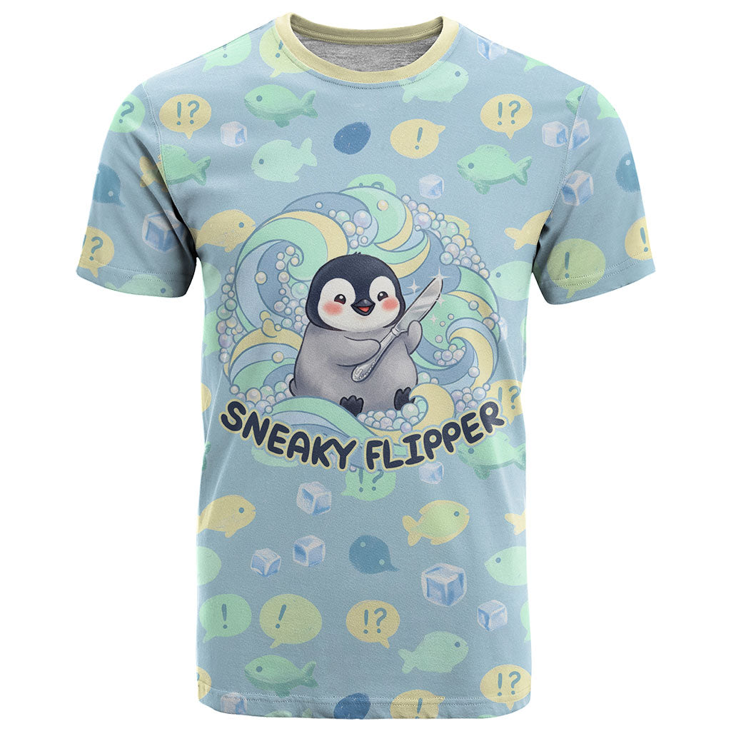 Sneaky Flipper Cute Penguin Holding Knife T Shirt Funny Chibi Penguin Graphic With Ice And Fish Pattern