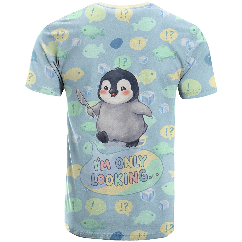 Sneaky Flipper Cute Penguin Holding Knife T Shirt Funny Chibi Penguin Graphic With Ice And Fish Pattern
