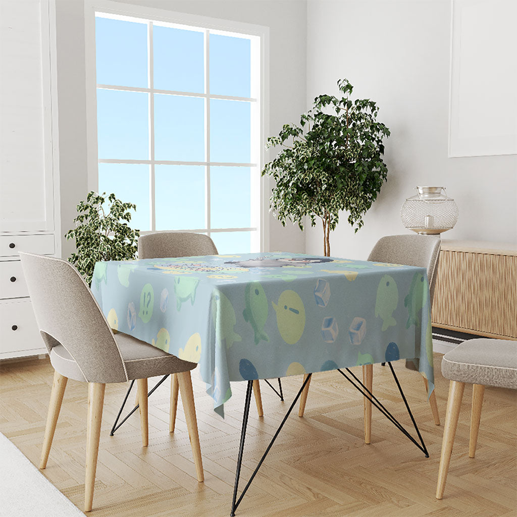Sneaky Flipper Cute Penguin Holding Knife Tablecloth Funny Chibi Penguin Graphic With Ice And Fish Pattern