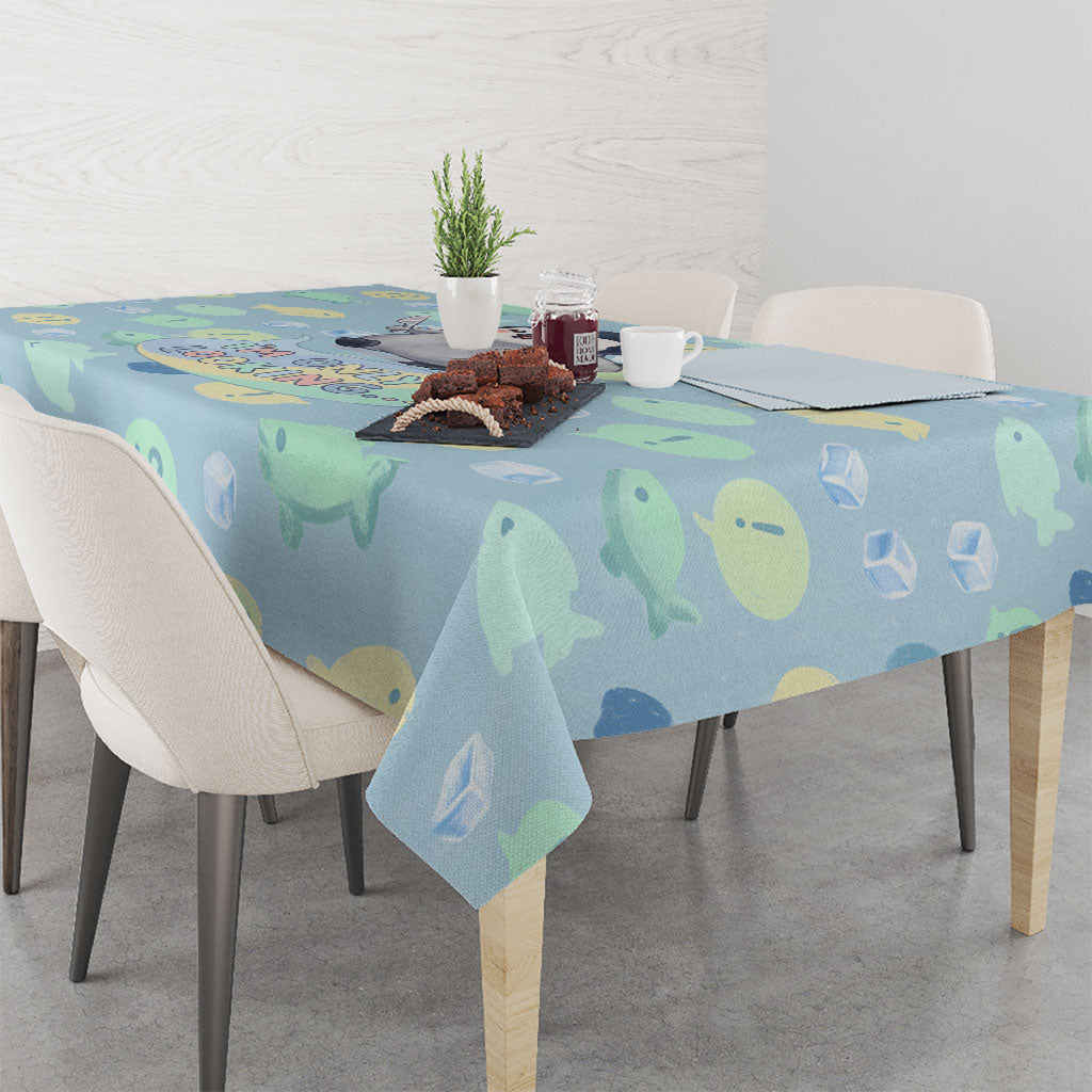 Sneaky Flipper Cute Penguin Holding Knife Tablecloth Funny Chibi Penguin Graphic With Ice And Fish Pattern