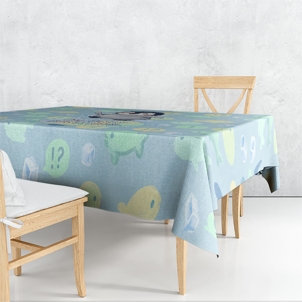 Sneaky Flipper Cute Penguin Holding Knife Tablecloth Funny Chibi Penguin Graphic With Ice And Fish Pattern
