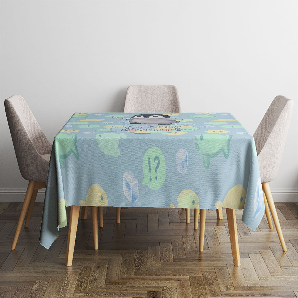 Sneaky Flipper Cute Penguin Holding Knife Tablecloth Funny Chibi Penguin Graphic With Ice And Fish Pattern