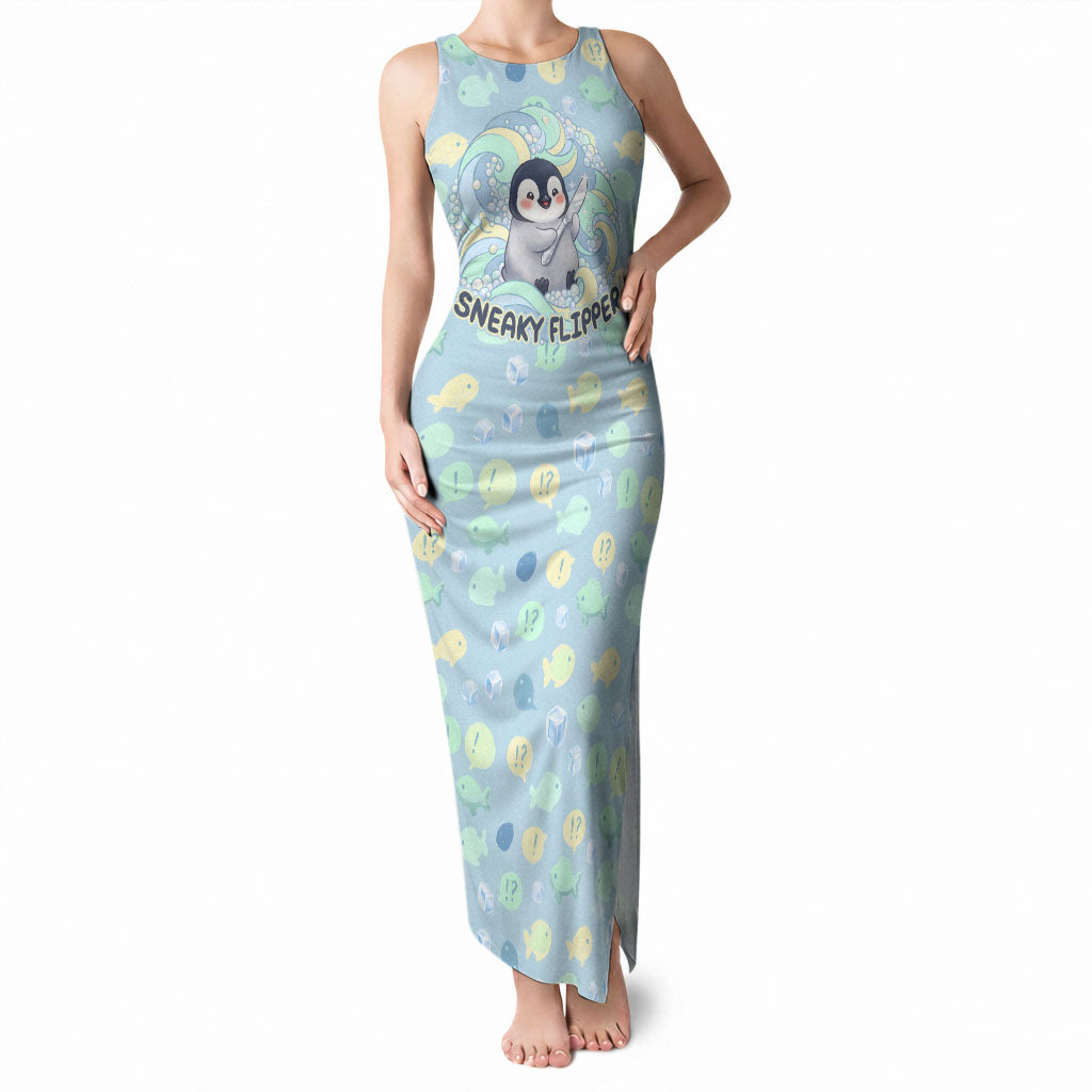 Sneaky Flipper Cute Penguin Holding Knife Tank Maxi Dress Funny Chibi Penguin Graphic With Ice And Fish Pattern