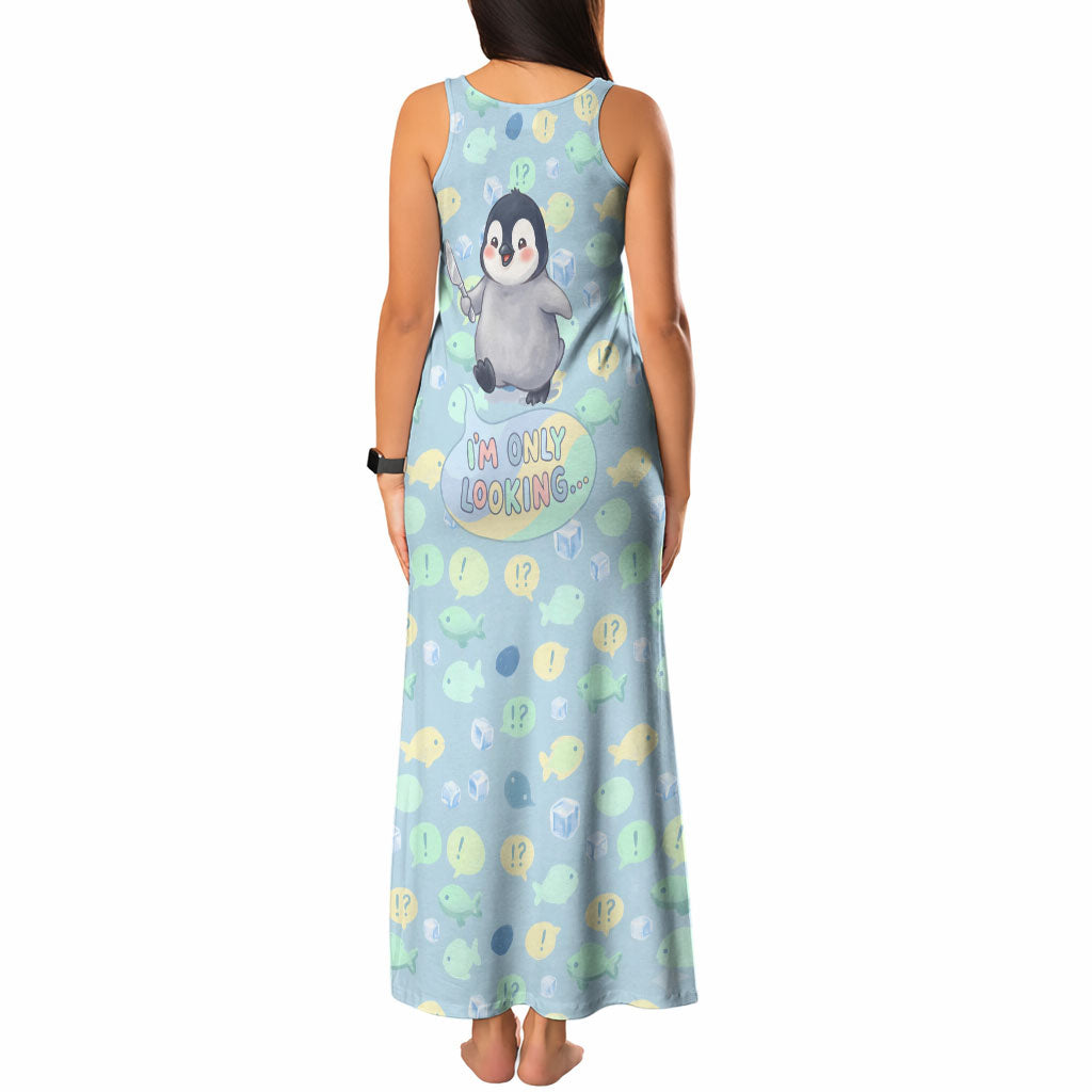 Sneaky Flipper Cute Penguin Holding Knife Tank Maxi Dress Funny Chibi Penguin Graphic With Ice And Fish Pattern