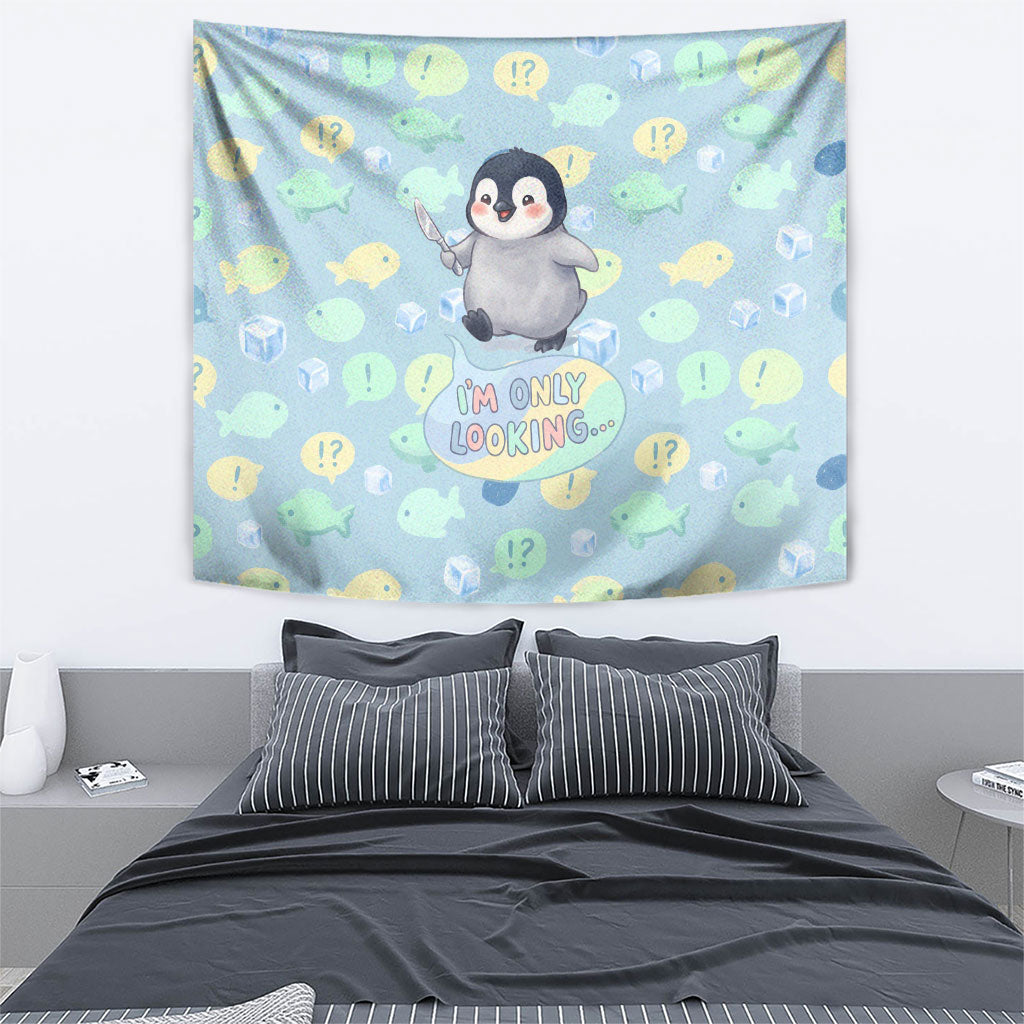 Sneaky Flipper Cute Penguin Holding Knife Tapestry Funny Chibi Penguin Graphic With Ice And Fish Pattern