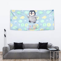 Sneaky Flipper Cute Penguin Holding Knife Tapestry Funny Chibi Penguin Graphic With Ice And Fish Pattern