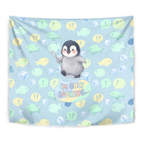 Sneaky Flipper Cute Penguin Holding Knife Tapestry Funny Chibi Penguin Graphic With Ice And Fish Pattern