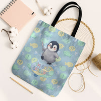 Sneaky Flipper Cute Penguin Holding Knife Tote Bag Funny Chibi Penguin Graphic With Ice And Fish Pattern