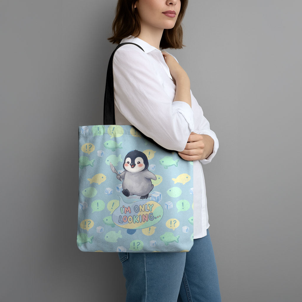 Sneaky Flipper Cute Penguin Holding Knife Tote Bag Funny Chibi Penguin Graphic With Ice And Fish Pattern