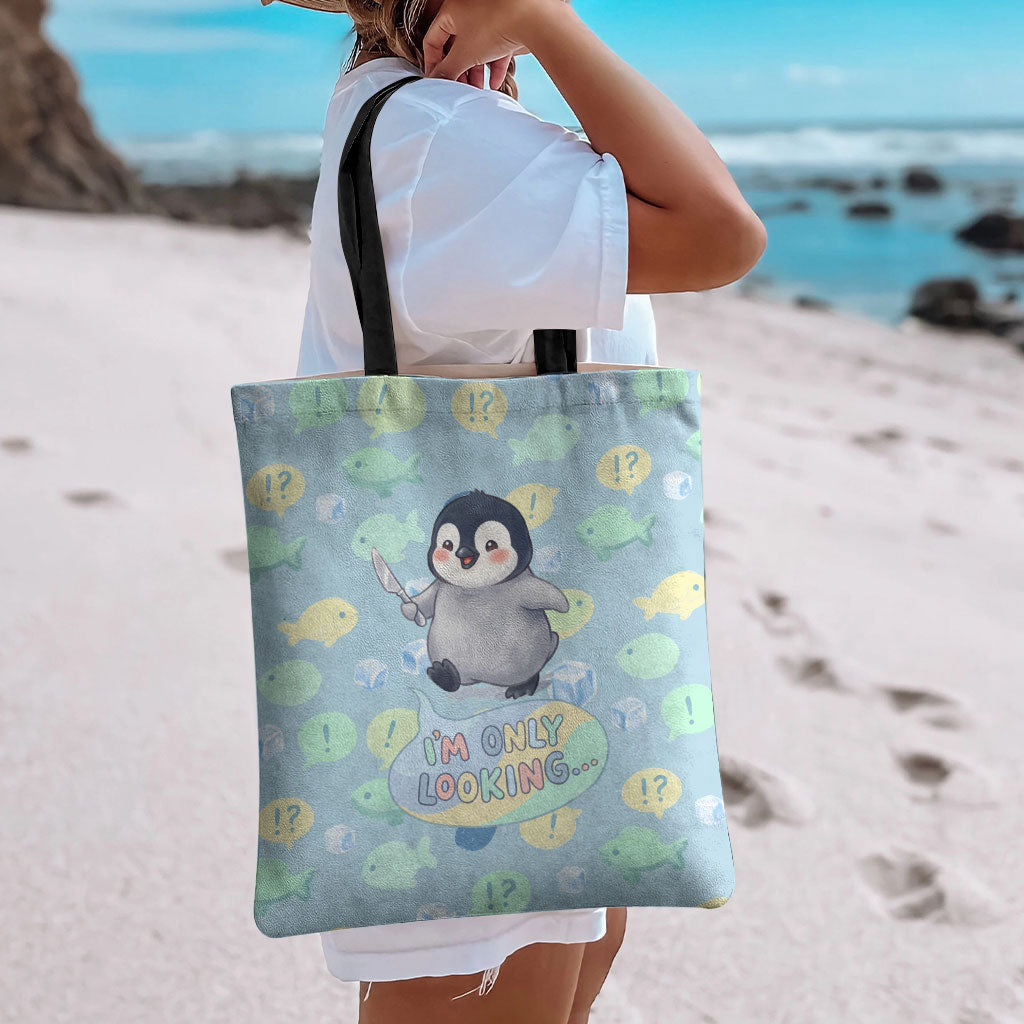 Sneaky Flipper Cute Penguin Holding Knife Tote Bag Funny Chibi Penguin Graphic With Ice And Fish Pattern