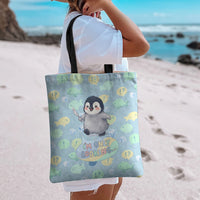 Sneaky Flipper Cute Penguin Holding Knife Tote Bag Funny Chibi Penguin Graphic With Ice And Fish Pattern