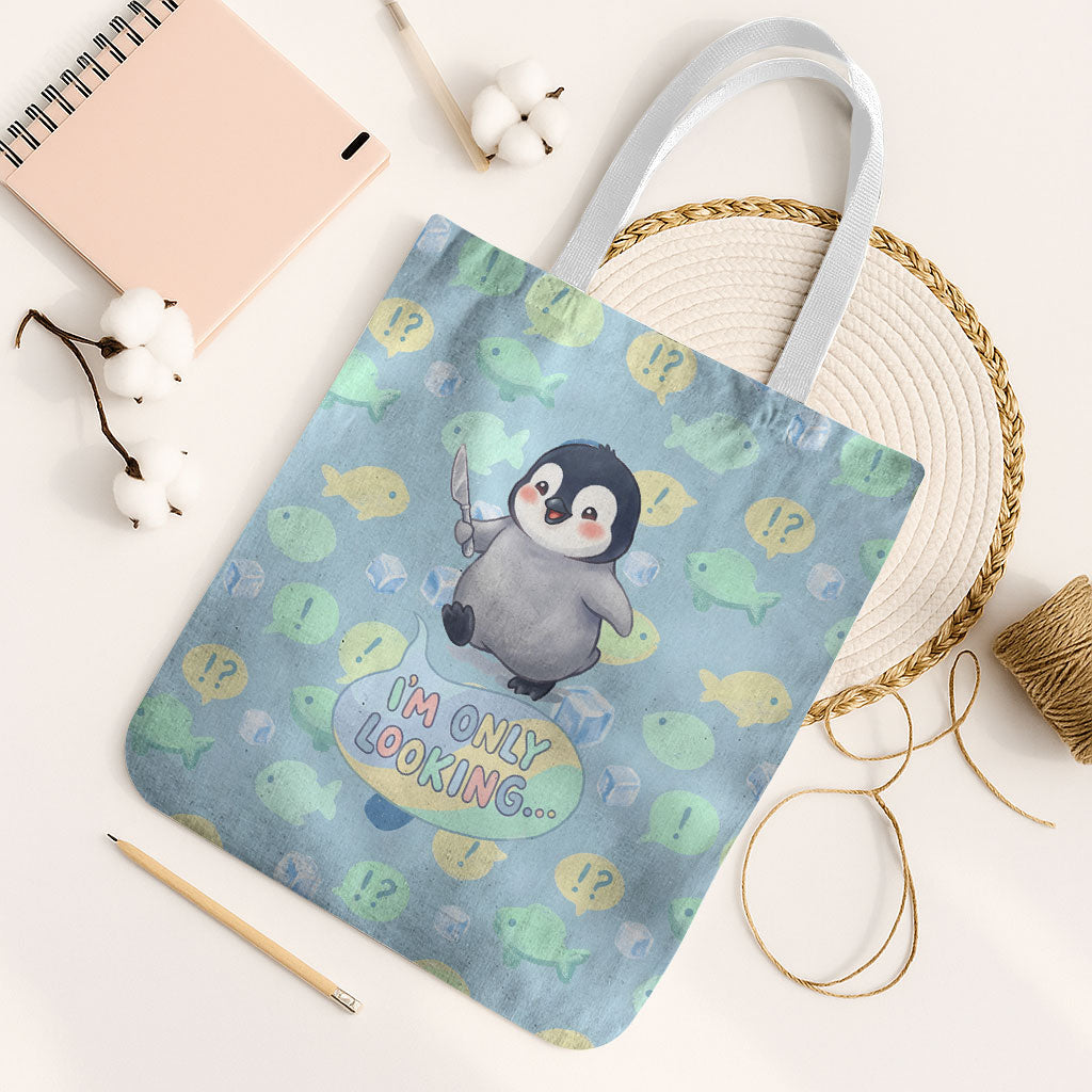 Sneaky Flipper Cute Penguin Holding Knife Tote Bag Funny Chibi Penguin Graphic With Ice And Fish Pattern