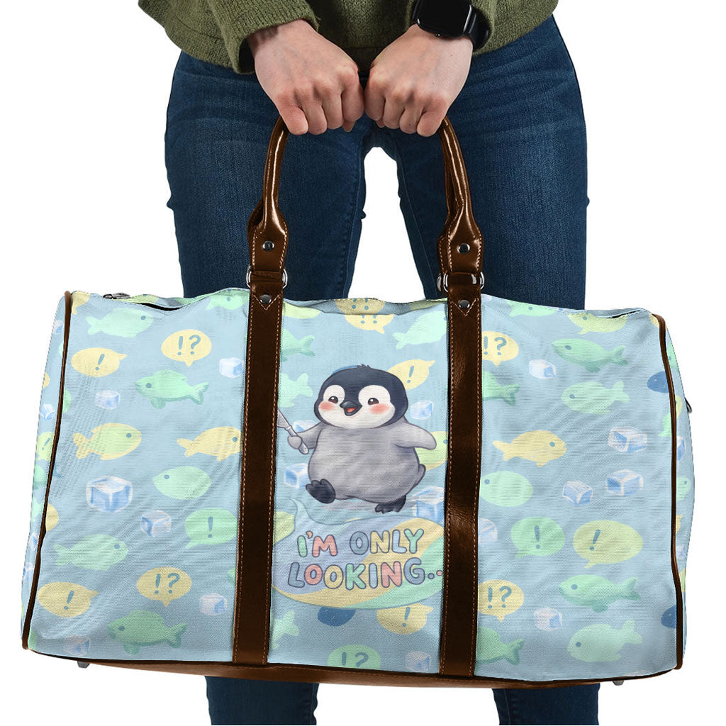 Sneaky Flipper Cute Penguin Holding Knife Travel Bag Funny Chibi Penguin Graphic With Ice And Fish Pattern
