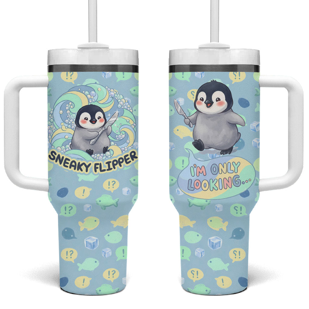 Sneaky Flipper Cute Penguin Holding Knife Tumbler With Handle Funny Chibi Penguin Graphic With Ice And Fish Pattern