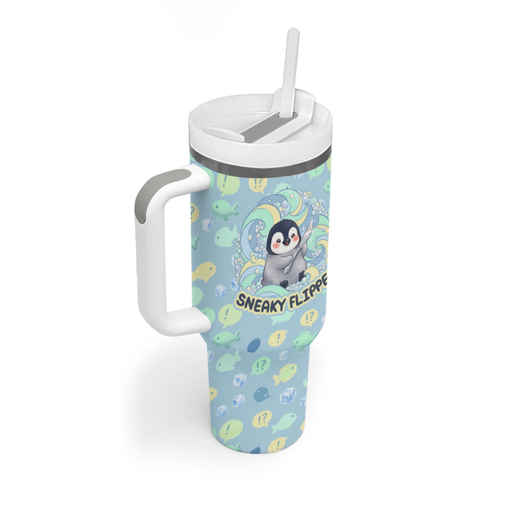 Sneaky Flipper Cute Penguin Holding Knife Tumbler With Handle Funny Chibi Penguin Graphic With Ice And Fish Pattern
