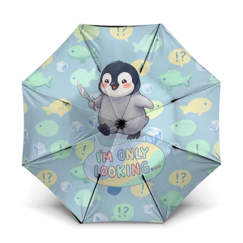 Sneaky Flipper Cute Penguin Holding Knife Umbrella Funny Chibi Penguin Graphic With Ice And Fish Pattern
