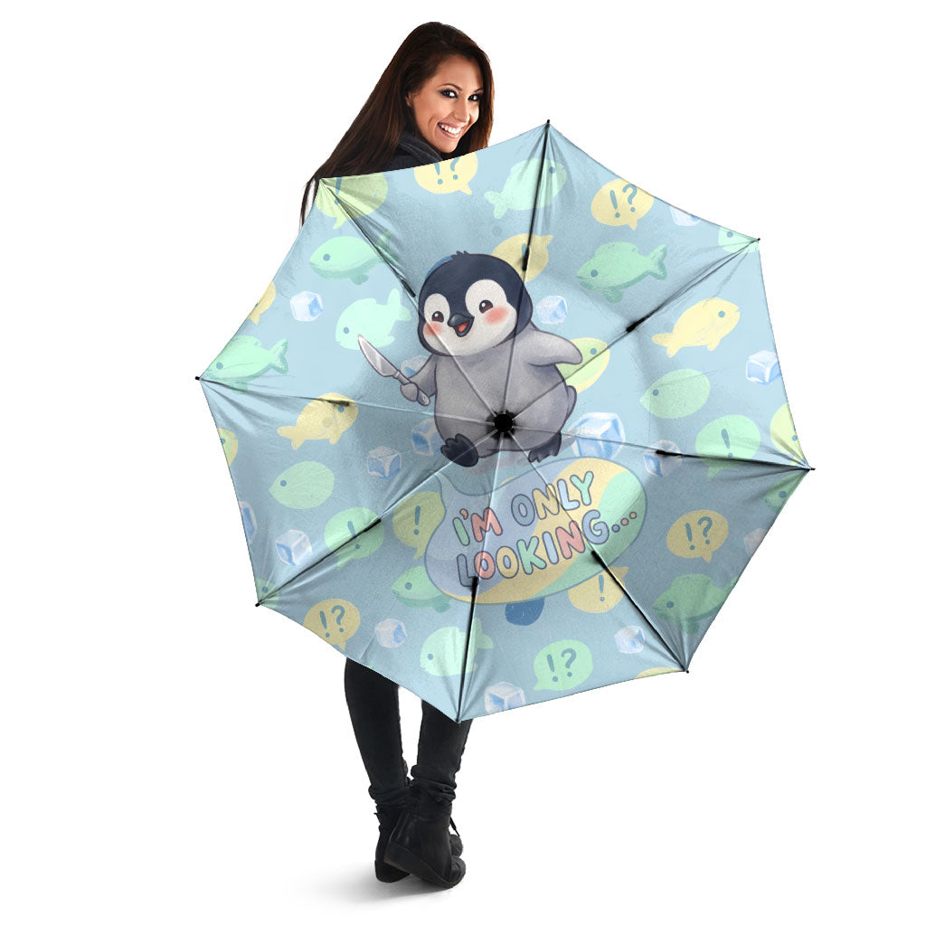 Sneaky Flipper Cute Penguin Holding Knife Umbrella Funny Chibi Penguin Graphic With Ice And Fish Pattern