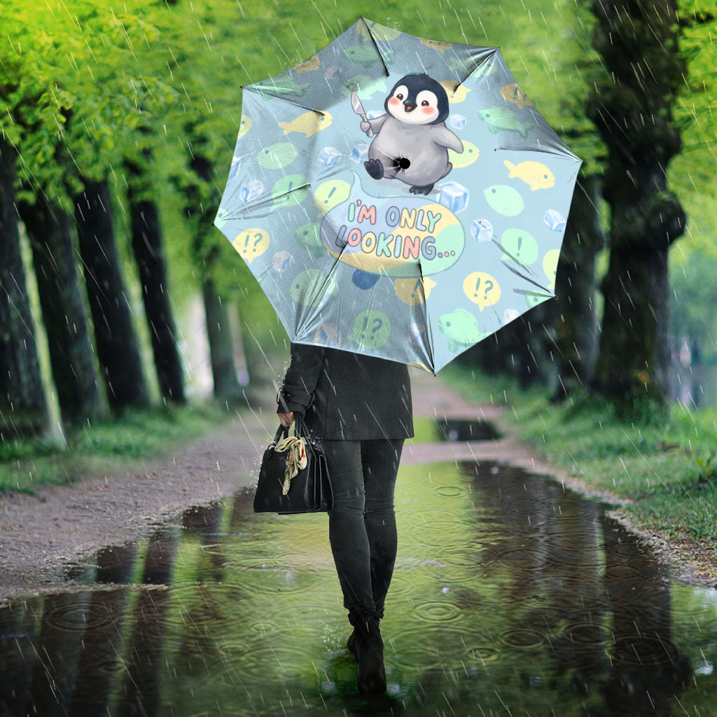 Sneaky Flipper Cute Penguin Holding Knife Umbrella Funny Chibi Penguin Graphic With Ice And Fish Pattern