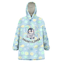 Sneaky Flipper Cute Penguin Holding Knife Wearable Blanket Hoodie Funny Chibi Penguin Graphic With Ice And Fish Pattern
